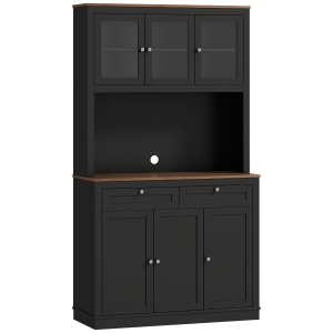 HOMCOM Armário de Cozinha com 3 Portas de Vidro Compartimento Aberto 2 Gavetas e Prateleiras Ajustáveis 100x40x180 cm Preto