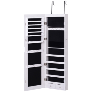 HOMCOM Oglindă portbijuterii cu 6 lumini LED și spații pentru depozitare din lemn și sticlă, 37x120x10 cm, culoare albă