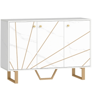 HOMCOM Meuble de rangement buffet salon avec 2 placards 3 portes et étagère réglable, pieds en métal, aspect marbre blanc