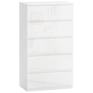 HOMCOM Cómoda com 5 Gavetas de Madeira Cómoda de Dormitório Cómoda Branca Estilo Moderno 55x33x80 cm Branco Brilhante