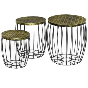 Outsunny Juego de 3 Mesas Auxiliares Apilables para Jardín de Estilo Industrial Mesas de Metal con Encimera Imitación Ratán Negro