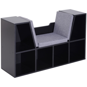 HOMCOM Bookcase Storage Shelf with Cushioned Reading Seat, Cube Bookshelf Organizer for Bedroom Living Room, Black
