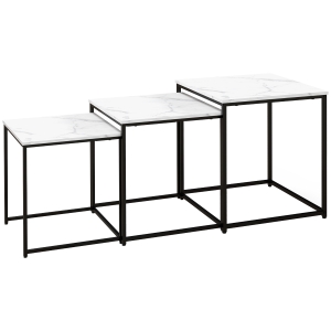 HOMCOM Conjunto de 3 Mesas Auxiliares para Sala de Estar com Efeito Mármore e Estrutura de Aço Estilo Moderno Branco e Preto