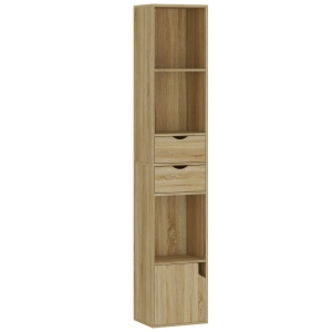 HOMCOM Bibliotecă Îngustă cu 6 Rafturi, Sertare, Ușă și Polițe Deschise, 30x24x158 cm, Stejar