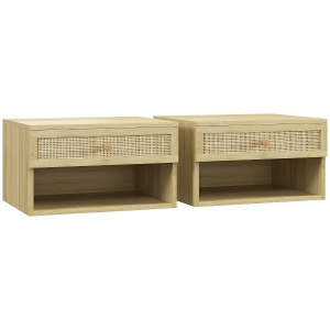HOMCOM Conjunto de 2 Mesas de Cabeceiras Suspensas com Compartimento Aberto e Gaveta com Frente em Vime 40x34x23 cm Madeira