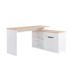 HOMCOM Birou Colțar cu Bibliotecă cu 2 Etajere, Dulap și Sertar, 140x117x76 cm, Culoare Lemn și Alb