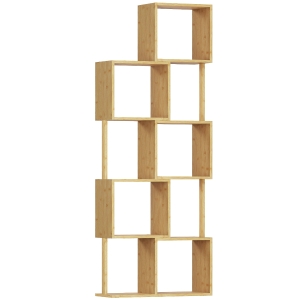 HOMCOM Bibliotecă Modernă Asimetrică cu 5 Rafturi din Bambus, 62,5 x 23 x 165 cm, Culoare Lemn Natural