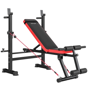SPORTNOW Banco de Musculación Multifuncional con Soporte para Barra Ajustable y Respaldo Regulable para Casa Gimnasio