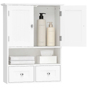 kleankin Armário de Parede para Casa de Banho com 2 Portas Prateleira Aberta e 2 Gavetas Estilo Moderno 50,8x17,8x66 cm Branco