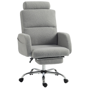 HOMCOM Silla de Escritorio con Reposapiés Tapizada en Borreguito con Respaldo Reclinable Reposacabezas Ajustable Gris Claro