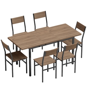 HOMCOM Conjunto de Mesa de Jantar Extensível 120-160 cm e 6 Cadeiras Empilháveis para 4-6 Pessoas Castanho Efeito Madeira