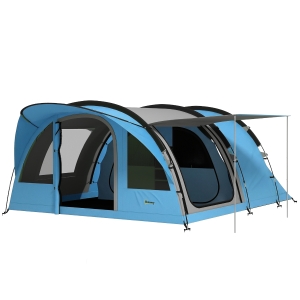 Outsunny Tenda Campeggio a Tunnel per 2-4 Persone Alta 200cm con 2 Stanze, Impermeabile 3000mm per Trekking, Azzurro