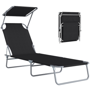 Outsunny Lettino Prendisole da Giardino Pieghevole e Regolabile con Tettuccio in Tessuto Nero, 187x58x50 cm