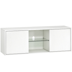 HOMCOM Mobilier TV pentru televizoare de până la 55", Suspendat sau pe Podea, Uși Soft Close, Gaura pentru Cabluri și Raft din Sticlă, Alb