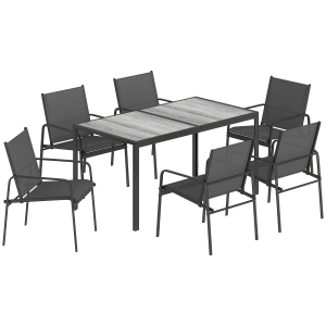 Outsunny Salon de Jardin Extérieur pour 6 Personnes, Table de Patio Effet Bois et Chaises avec Assise en Maille Respirante, Cadre en Acier Galvanisé, Noir