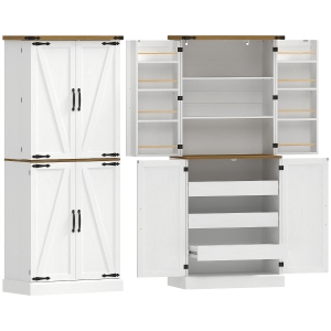 HOMCOM Buffet haut cuisine, armoire de cuisine, 4 portes, 3 tiroirs, 8 porte-racks et étagères réglables, 76x40x182cm, blanc
