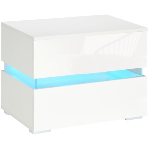 HOMCOM Noptieră cu lumină LED RGB încorporată, 2 sertare, 4 moduri de iluminare și 16 culori, din PAL, 60x39x47cm, Alb