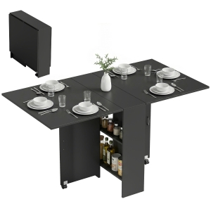 HOMCOM Masă Pliabilă din Lemn pentru 4-6 Persoane cu Roți, 75x140x74cm, Neagră