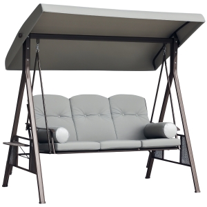 Outsunny Banco Baloiço de Jardim de 3 Lugares com Teto 2 Almofadas Suporte para Bebidas e Estrutura de Metal para Terraço Balcão Exterior Carga Máxima 360kg 206x116x183cm Cinza