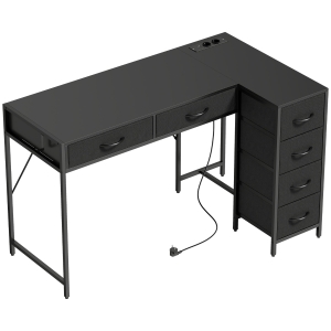 HOMCOM Birou de Colț cu 6 Sertare, cu Cârlig Lateral și Prize Integrate, din Lemn și Oțel, 126x48x80 cm, Negru