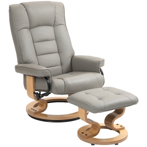HOMCOM Relaxsessel mit Hocker, drehbar & neigbar, Kunstlederbezug, bis 150 kg, Holzgestell, Grau