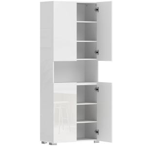 HOMCOM Buffet haut cuisine, armoire de cuisine, 4 portes à fermeture douce et étagères réglables, 68x34x180cm, blanc brillant