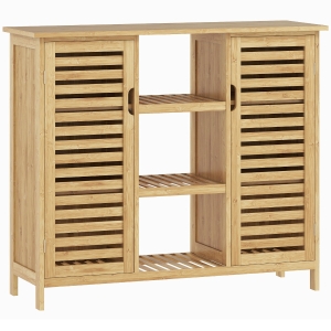 HOMCOM Armario de Almacenaje con 2 Puertas de Bambú de Lamas Estantes y Compartimentos Abiertos 100x33x86 cm Natural
