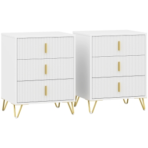 HOMCOM Set of 2 Elegant Chest of Three Drawers - White/Gold-Tone