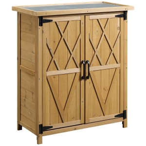 Outsunny Armadio da Giardino Porta Attrezzi in Legno con 2 Ante e 4 Scaffali, Piano in Lamiera, 75x40x90 cm