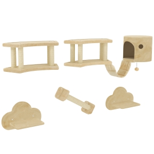 PawHut Conjunto de Escalada para Gatos 5 peças com Poste Arranhador Plataformas de Salto Escada Casinha Montagem na Parede Bege