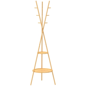 HOMCOM Perchero de Pie de Bambú Perchero para Ropa con 2 Estantes y 9 Ganchos Diseño Elegante 58,5x58,5x176 cm Natural