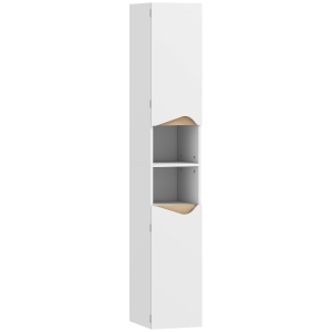 HOMCOM Badezimmerschrank Schmal Hochschrank mit 2 Türen, 2 Offenen Fächern, für Badezimmer 30 x 34,6 x 182 cm Weiß
