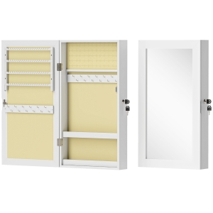 HOMCOM Mobiletto Portagioie a Specchio con Design a Muro e 2 Chiavi di Sicurezza, in Legno, 36.5x9.5x67 cm, Bianco