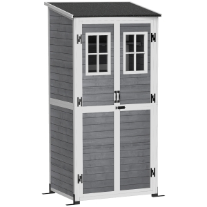 Outsunny Abrigo de Armazenamento para Jardim Abrigo de Ferramentas com 2 Janelas Estacas para Base Telhado em Betume 91x69x192 cm Madeira de Pinho Cinza Claro
