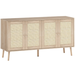 HOMCOM Buffet para sala móvel de arrumação armários com portas em palhinha e prateleira regulável 140 x 40 x 75 cm efeito madeira natural