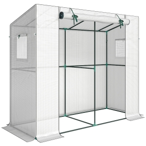 Outsunny Mini-estufa Estufa Encostada com Porta Enrolável e Janelas de Tela Resistente aos UV para Flores Mudas Plantas Branco