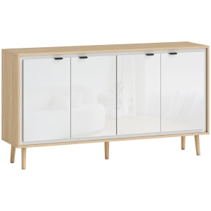 HOMCOM Aparador de Alto Brilho Móvel de Arrumação com 4 Portas Prateleiras Ajustáveis 141x35x77 cm Branco e Carvalho