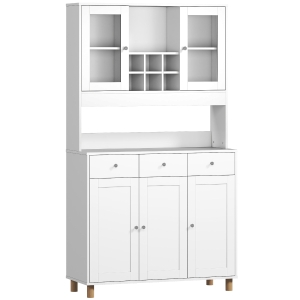 HOMCOM Armário de cozinha 180 cm, 2 portas de vidro, 3 gavetas, 4 prateleiras ajustáveis, armário de sala de jantar, placa de aglomerado, Branco