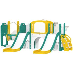 AIYAPLAY Conjunto de Escorrega e Balanço 9-in-1 para Crianças Pequenas, com Cesta de Basquete, Telescópio, Quadro de Desenho, Design de Sapo, Amarelo+Verde