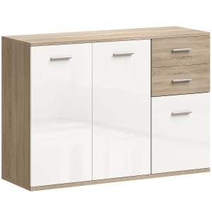 HOMCOM Buffet de sala, móvel de arrumação com 2 gavetas, 3 portas e prateleira ajustável, 106 x 35 x 76 cm, branco e madeira natural