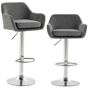 HOMCOM Conjunto 2 Banquetas de Bar Giratórias em Veludo com Altura Ajustável, Apoio para os Pés, Encosto, Base em Metal, Cinzento