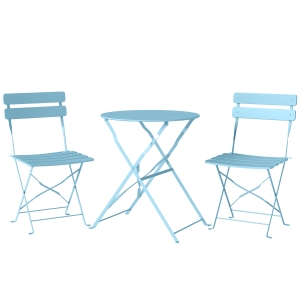 Outsunny 3-teiliges Garten Bistro Set Klappbar Bistrotisch mit 2 Stühlen Lamellen-Sitz Doppelt X-Beine Hellblau
