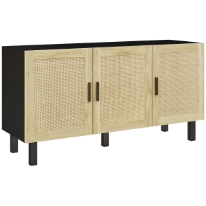 HOMCOM Móvel de arrumação com armários de portas efeito cannage, prateleiras ajustáveis, 136 x 41 x 70 cm, preto e madeira natural