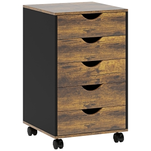 HOMCOM Comodă de Birou cu 5 Sertare și Roți Pivotante cu Frâne, 40x40x67 cm, Maro Rustic