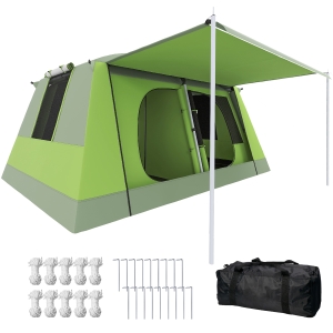 Outsunny Tenda da Campeggio a Tunnel per 4 Persone con 2 Stanze, Tenda Campeggio Familiare Impermeabile 3000mm con Porta, Finestre Laterali e Tasche, 405x305x225cm, Verde
