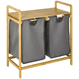 HOMCOM Wäschesammler Wäschekorb, 2 Wäschesäcke, 2 Griffe, Bambus, 63,5 x 33 x 73 cm, Grau + Natur