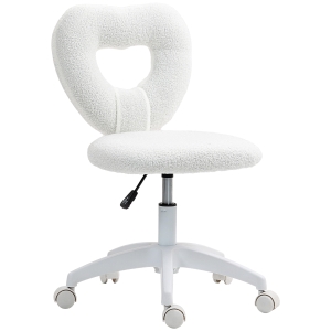 HOMCOM Scaun de birou tapițat cu spătar în formă de inimă și roți, din catifea Teddy și plastic, 45x56x78-88 cm, alb
