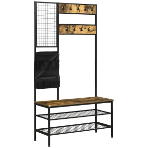 HOMCOM Móvel Cabide de Entrada em Design Industrial 1 Quadro de Recados 1 Banco para Sapatos 8 Ganchos para Roupa 1 Bolsa de Armazenamento Preto e Castanho