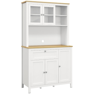 HOMCOM Küchenschrank im Landhausstil, 1 Vitrine, 1 offenes Regal, 1 Schublade, 2 Schränke, Natur + Weiß