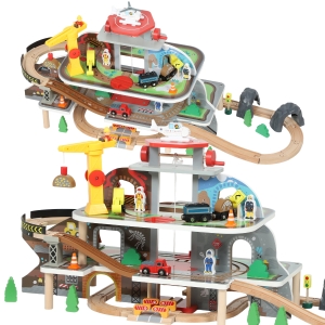 AIYAPLAY Conjunto de Ferrovia em Madeira, 79 Peças, 4 Níveis, Elevador, Guindaste, Expansível, Colorido